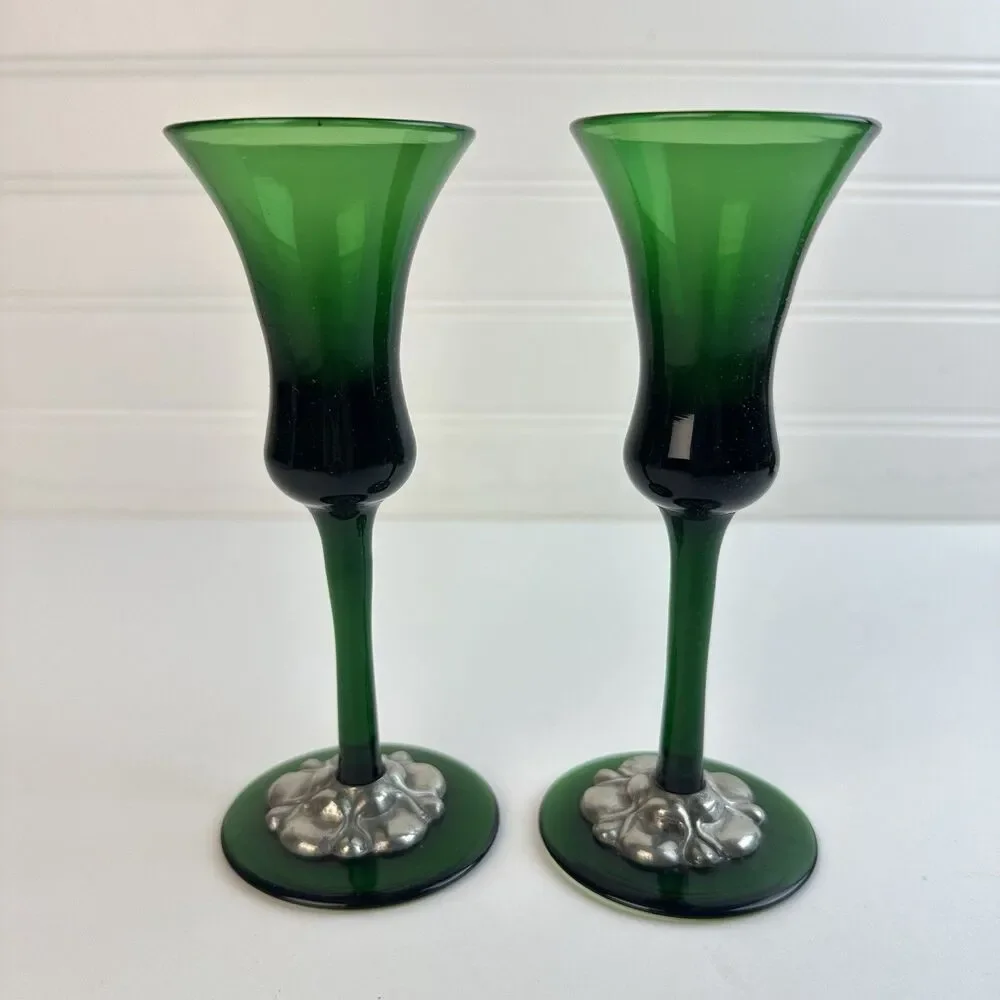 Green Genie Bottle Decanter 2 Glasses Pewter Cherry Overlay MCM Barware Vintage